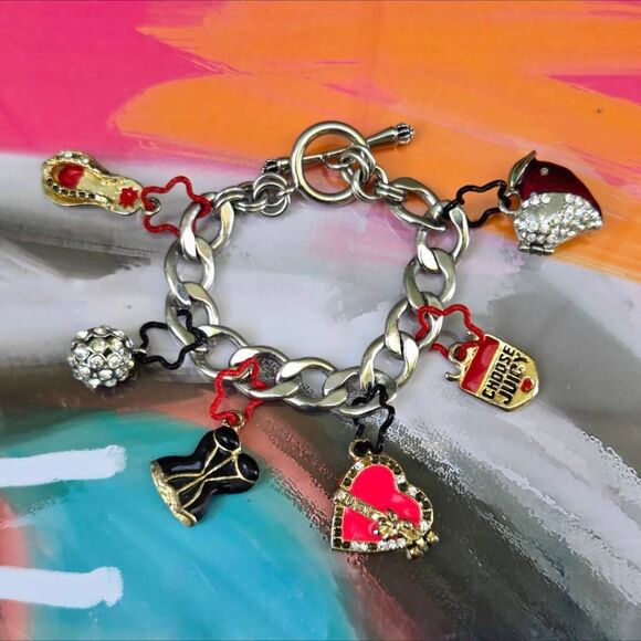 Juicy Couture Y2K Silver Plated Chunky Bracelet w/ Large Red/Black/Gold Charms - Picture 1 of 6